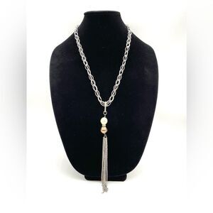 Silver ToneTassel with Faux Pearls Accent Necklace